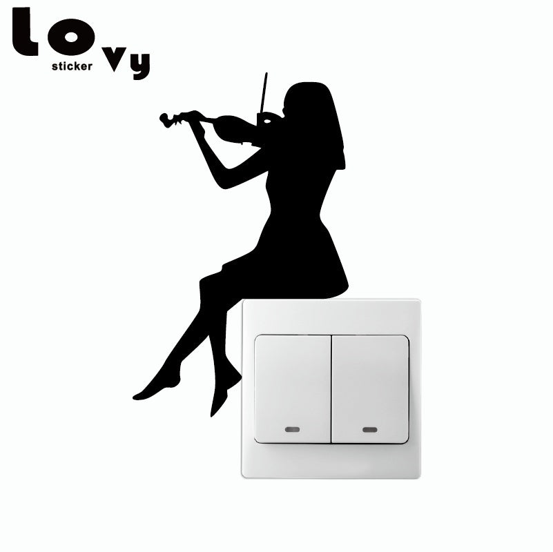 Hot 2 pcs Woman Playing Violin Silhouette Switch Sticker Classical Music Wall Art Home Decor Music Wall Decal