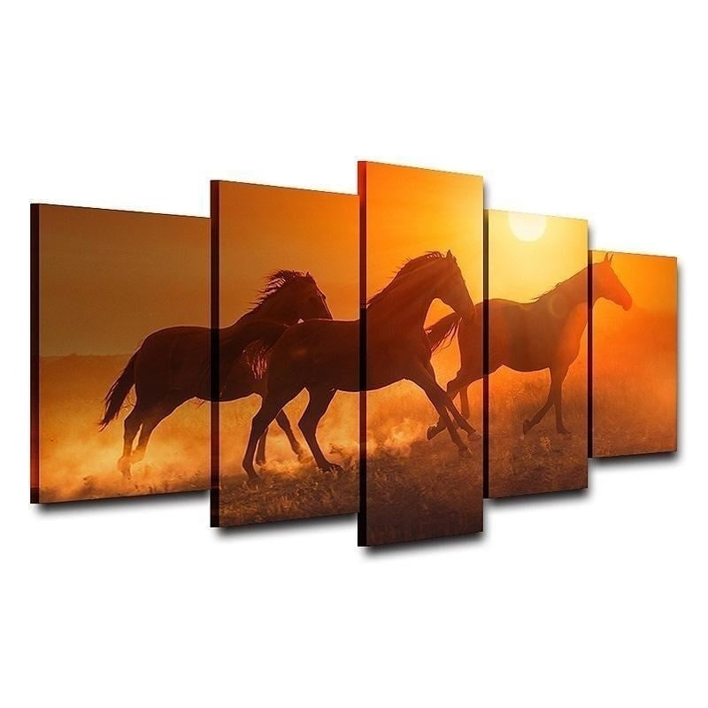 Hot Galloping 3 Horses Sunset 5 Panel Wall Art Canvas Print Poster Framed UNframed