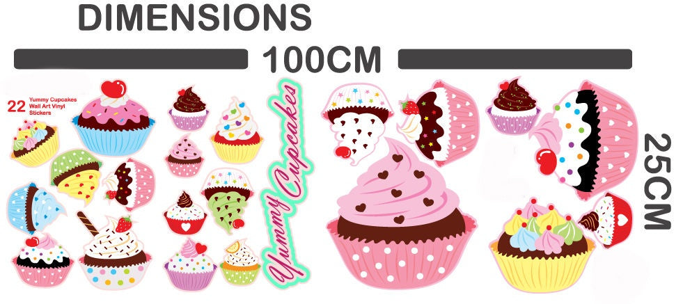 Yummy Cupcakes Pack of 22 Wall Art Stickers Kitchen Mural Transfer Decal Cakes