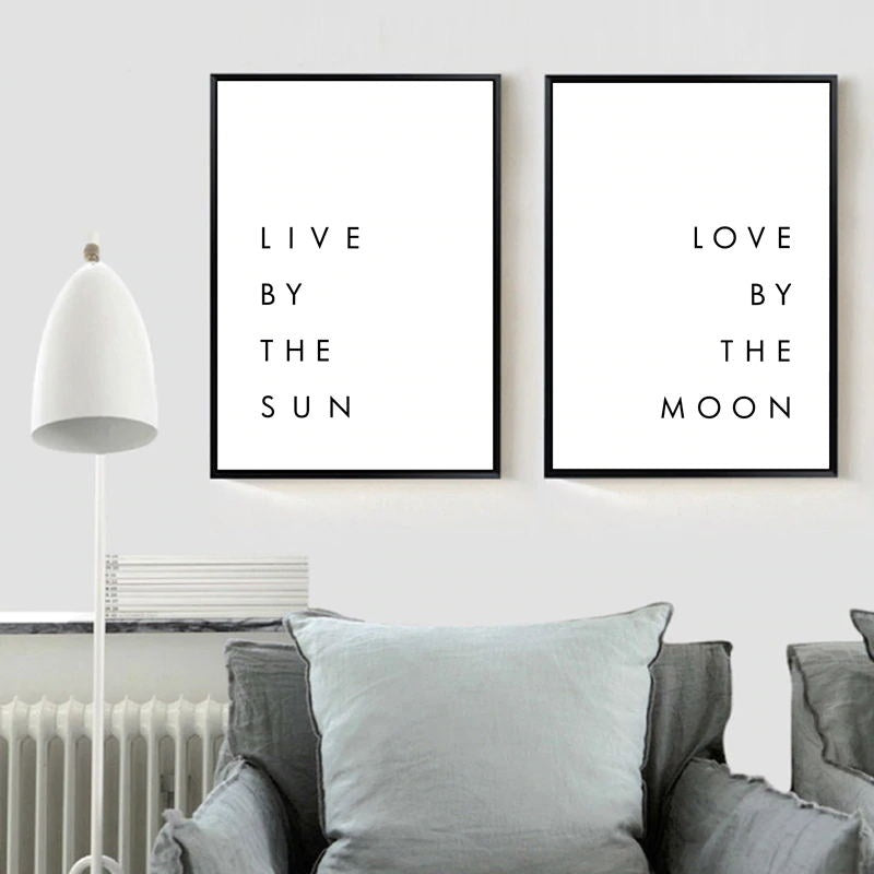 1Set(2Pcs) Black and White Live By The Sun Love By The Moon Quotes Canvas Painting Posters Prints Wall Art Pictures for Bedroom Home Decor