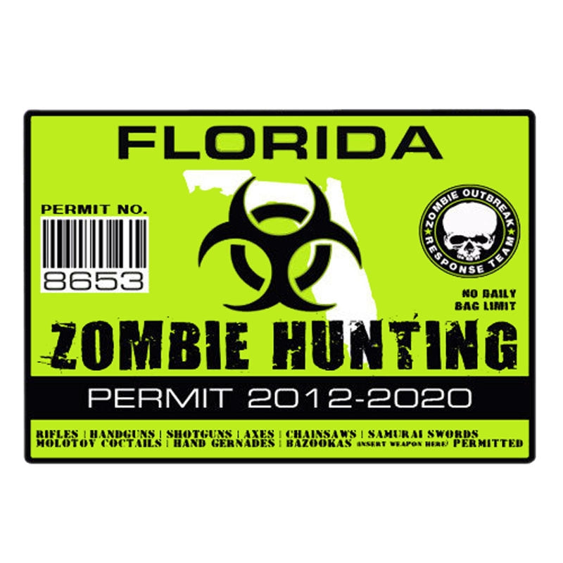 10.2CM*7.1CM ZOMBIE HUNTING PERMIT Car Styling Florida Zombie Outbreak Response Team Car Sticker C1-7441