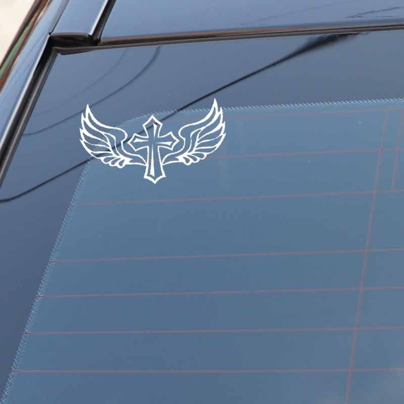 15.7CM*8.9CM Cross Wings Christian Decal Vinyl Car Sticker Faith Black/Silver C3-1310