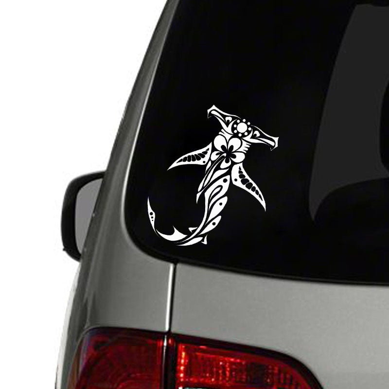New Hot 13.8cm*15.4cm Tribal SHARK With Hibiscus Vinyl Car-styling Car Sticker Decals Black Silver C11-0352