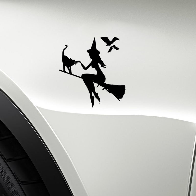 New Hot 13.9CM*14.9CM Witch On Broomstick With Cat & Bats Car Sticker Vinyl Decal Black Silver C10-02420