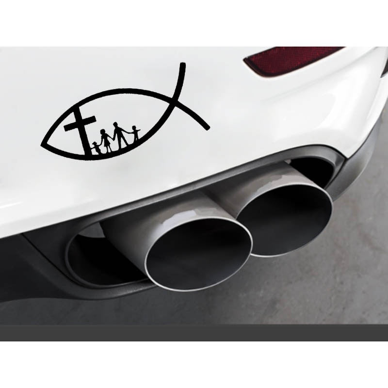 Fashion 14cm*6.8cm Funny CHRISTIAN FISH JESUS FAMILY CROSS CHURCH Vinyl Car Sticker Decals Black Silver C11-0147