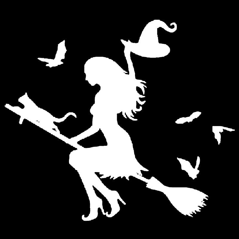 New Hot 19.8cm*17.3cm Witch On Flying Broom Fun Vinyl Car-styling Car Sticker Decals Decor S6-3908