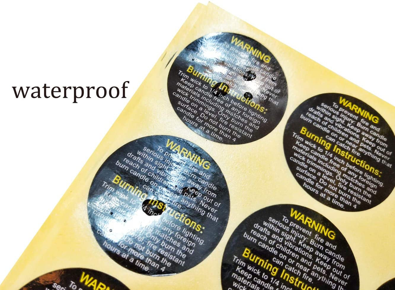 1.5" Round Black Label Candle Warning Stickers, 10 Pcs Candle Jar Container Labels, Waterproof Safety Stickers Great for Container Candles, Candle Jars, Yellow and White Text.