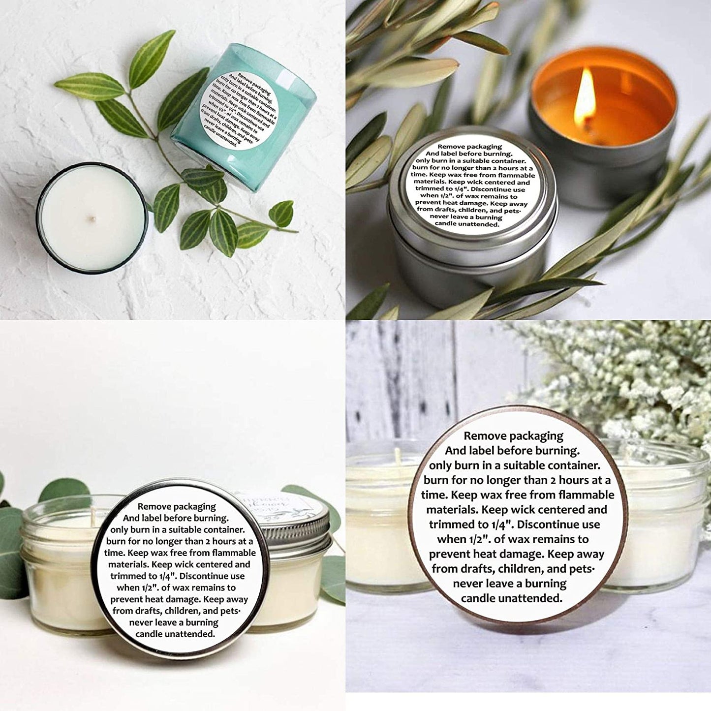 1.5" Candle Warning Stickers, 10 Labels, Black and White Text, Sticker Decal for Candle Jars, Tins and Votives