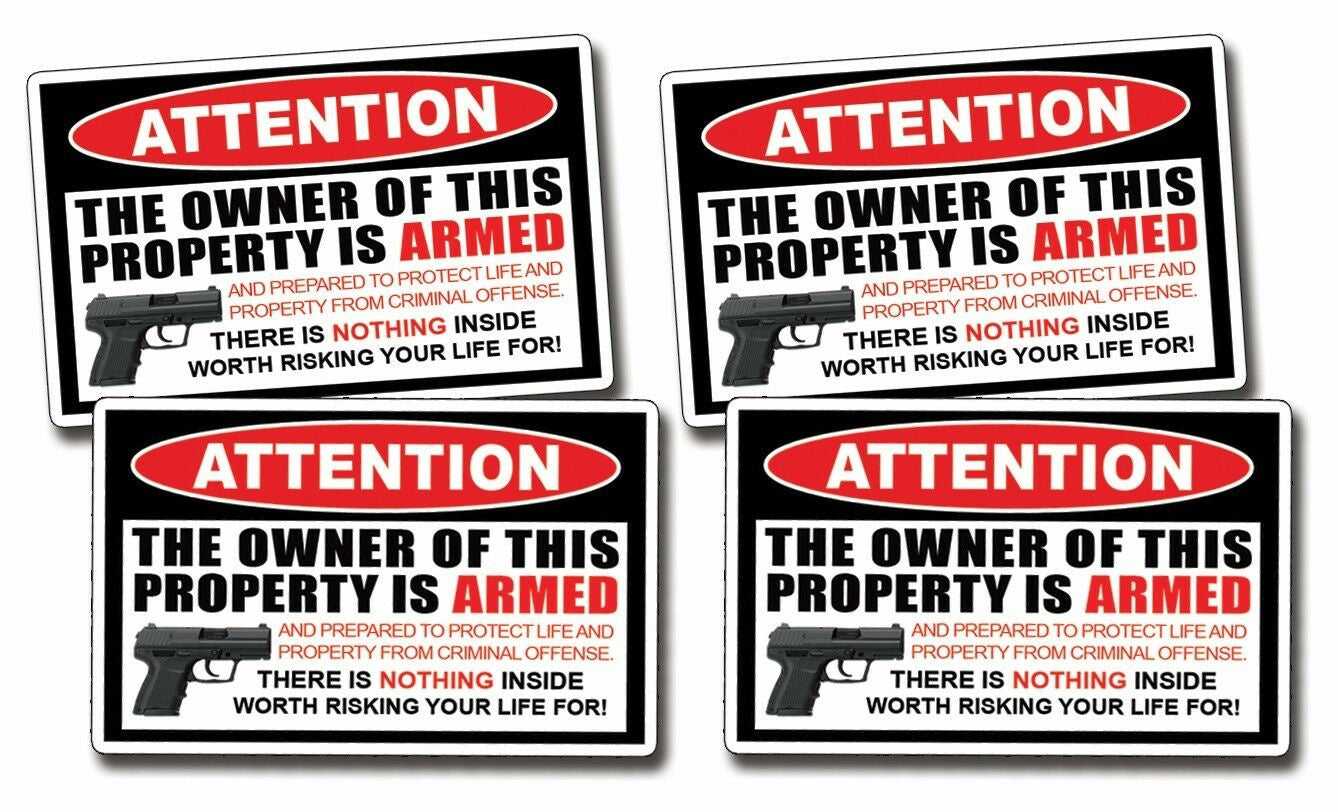4 Mini Owner Armed Warning Decal Sticker Gun Control Handgun 2nd Amendment 2A