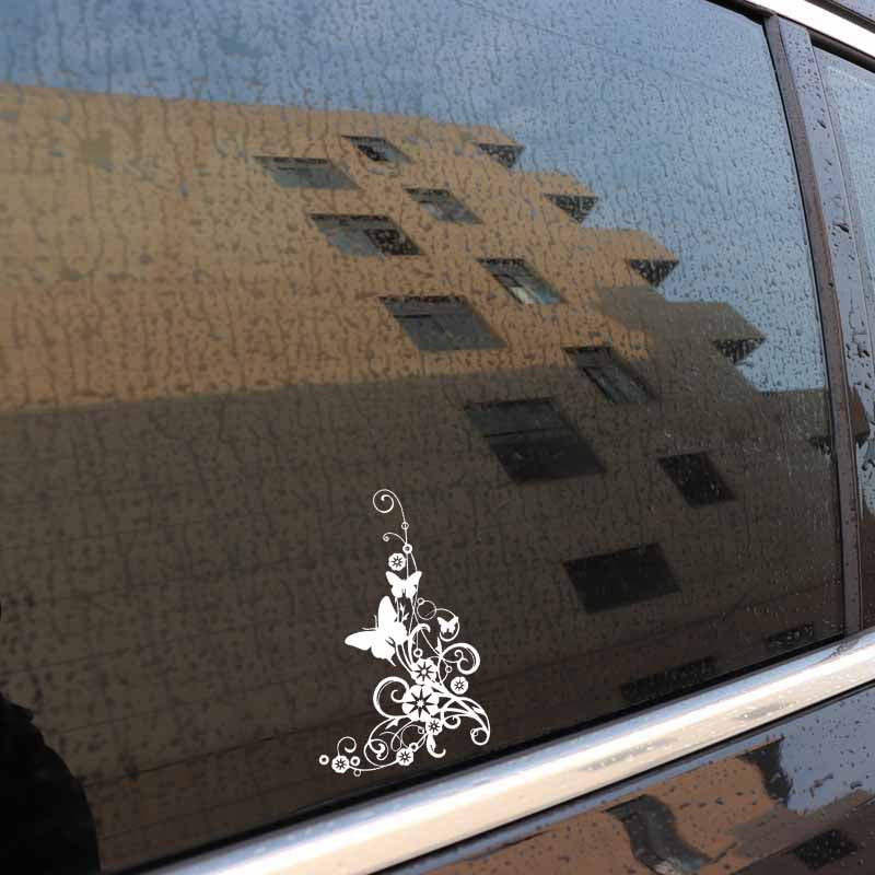 13CM*19.3CM Car Stickers Butterflies And Flowers Swirly Bottom Right Corner Elegant Vinyl Decal Black/Silver C24-0364
