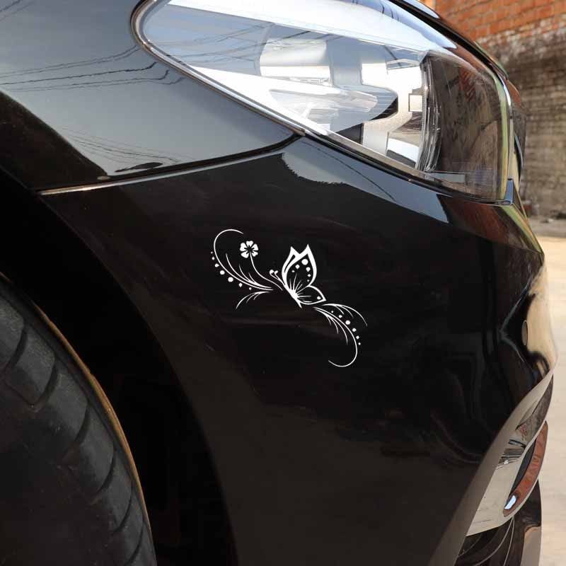 13.6CM*11.9CM Butterfly Flower Car Sticker Decoration Floral Art Vinyl Decal Black/Silver C24-0249