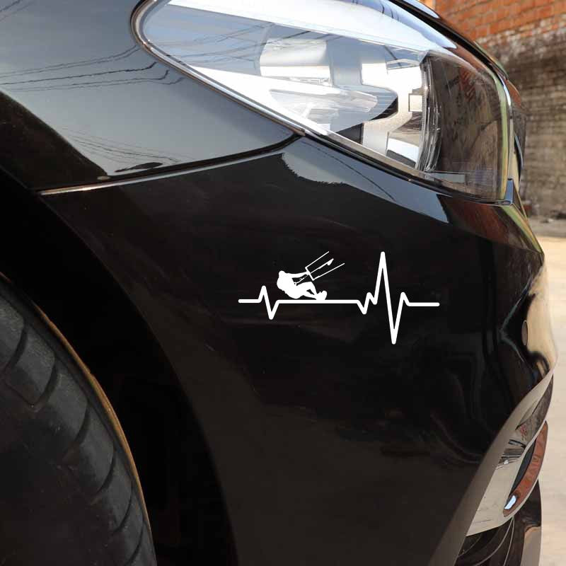 15.8CM*7.3CM Kiteboarding Kite Board Heartbeat Lifeline Vinyl Black/Silver Car Sticker C22-1151