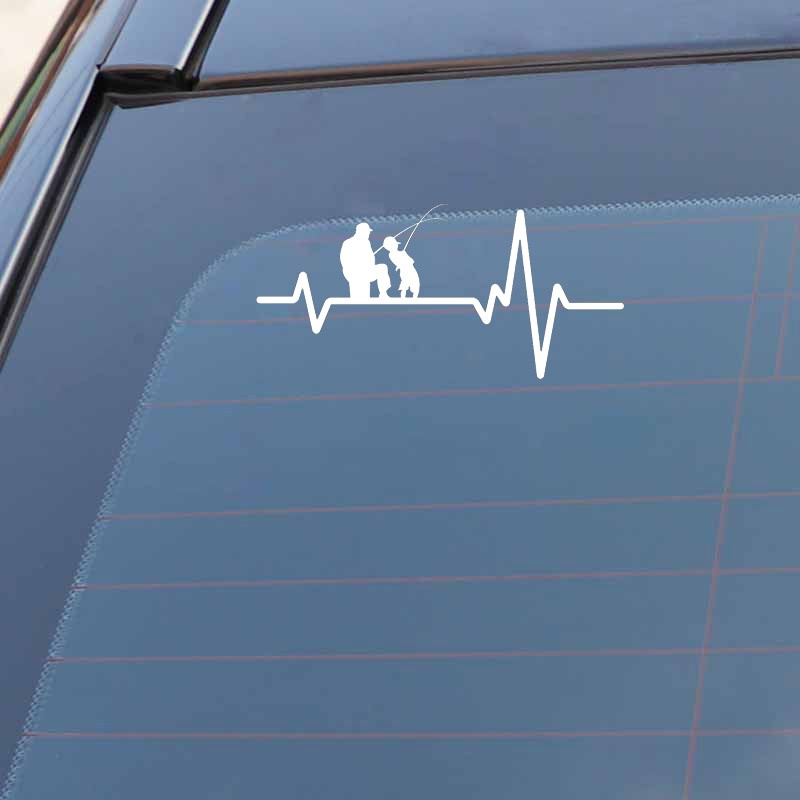 16.7CM*8CM Fishing Father Dad Son Fish Rod Reel Heartbeat Vinyl Black/Silver Car Sticker C22-1203