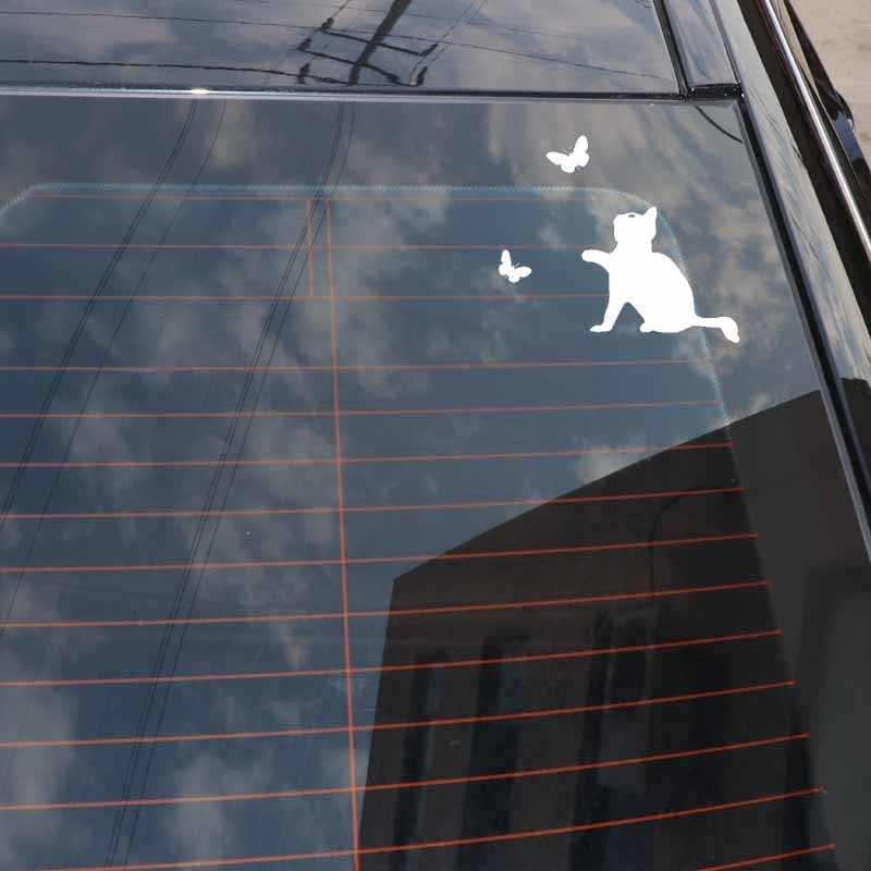 13CM*11.1CM Cat Butterfly Sticker Animals Vinyl Decal Car Stickers Decoration Black/Silver C24-0097