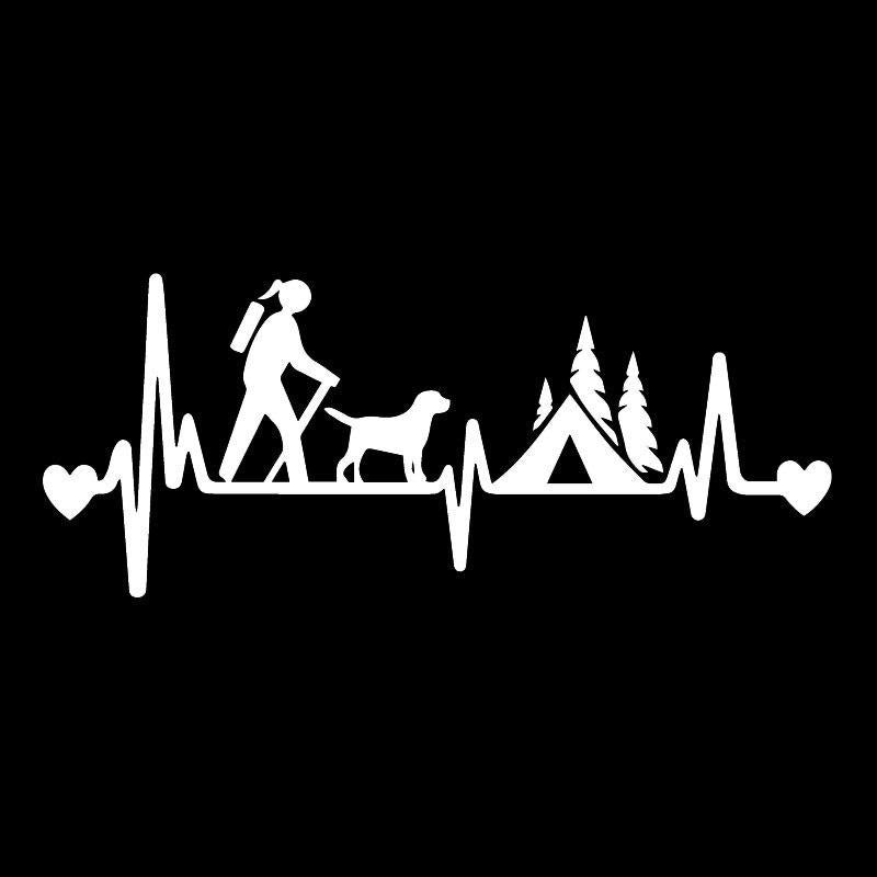 18.2X7.5CM Girl Hiker Camping With Dog Camper Tent Heartbeat Lifeline Car Sticker Decal Vinyl Black/Silver C24-1562