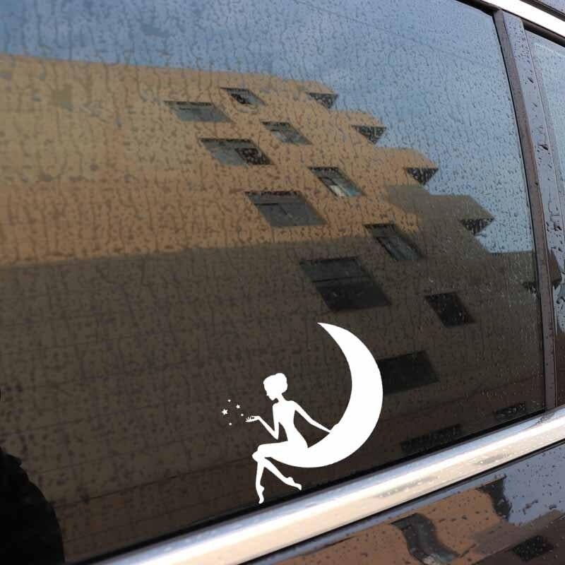 13.4CM*12.6CM Car Stickers Vinyl Decal Lovely Girl On The Moon And Stars Black/Silver C3-0718