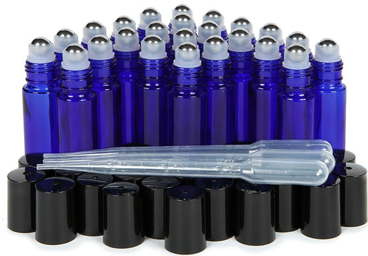 28pcs/lot, Amber - Cobalt Blue 10 Ml Glass Roll-on Bottles with Stainless Steel Roller Balls + 3pcs Droppers + 1pcs Roller Bottle Opener -Refillable Aromatherapy Essential Oil Roll on Bottles