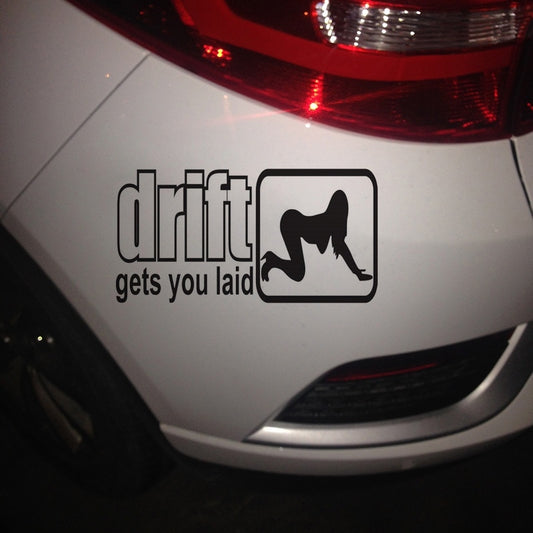 High-quality 1PCS 16CM*8.3CM Drift Gets You Laid Car Decal Funny JDM Drifting Stance Vinyl PVC Car Stickers Car Decoration Accessories Black