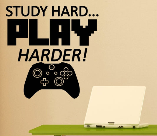 Fashion Study Hard Play Harder Decal is a Vinyl Wall Decal Sticker Displaying Awesome Video Game Art- Enjoy Your Video Gaming with this Study Hard Poster- Be the Best Video Game Nerd