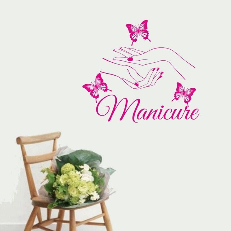 Beauty Nail Salon Vinyl Wall Sticker Butterfly Hands Nail Shop Wall Window Decor