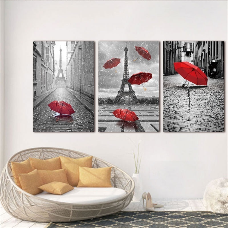 Hot Wall Art Black and White Eiffel Tower with Red Unbrella on Paris Street Painting Romantic Picture Artwork Prints Canvas