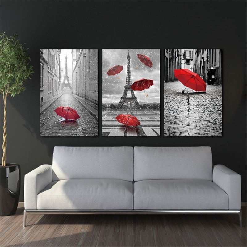 Hot Wall Art Black and White Eiffel Tower with Red Unbrella on Paris Street Painting Romantic Picture Artwork Prints Canvas