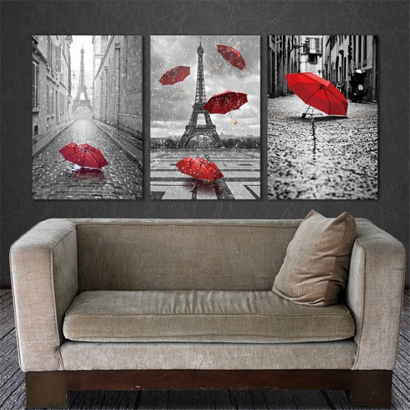Hot Wall Art Black and White Eiffel Tower with Red Unbrella on Paris Street Painting Romantic Picture Artwork Prints Canvas