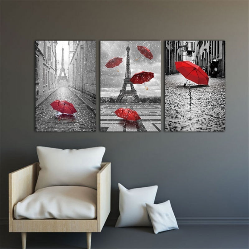 Hot Wall Art Black and White Eiffel Tower with Red Unbrella on Paris Street Painting Romantic Picture Artwork Prints Canvas