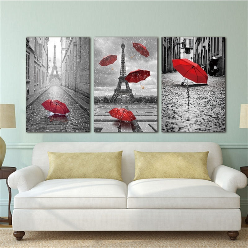 Hot Wall Art Black and White Eiffel Tower with Red Unbrella on Paris Street Painting Romantic Picture Artwork Prints Canvas