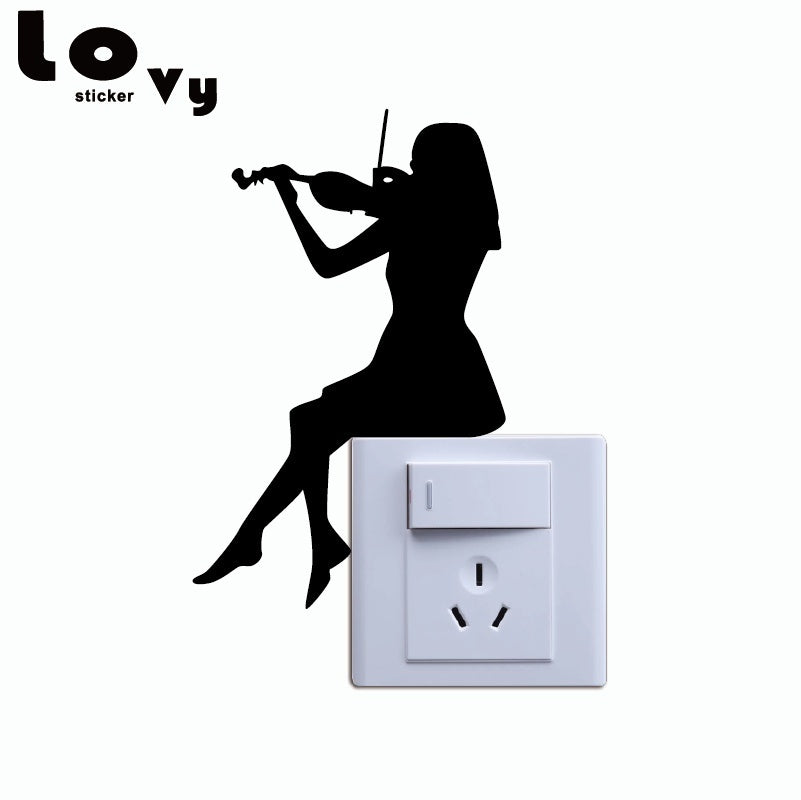 Hot  2 pcs  Woman Playing Violin Silhouette Switch Sticker Classical Music Wall Art Home Decor Music Wall Decal