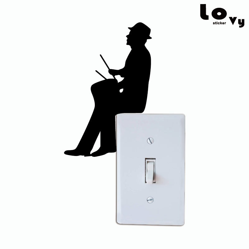 New Brand  2 pcs  Man Playing Drum Silhouette Switch Sticker Drum Player Vinyl Wall Sticker Music Wall Decor Music Lover Art