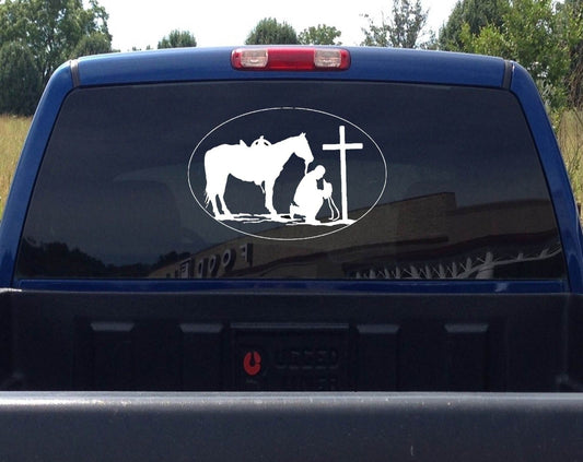 2018 NEW   LARGE 16x12" PRAYING COWBOY STICKER CHRISTIAN COUNTRY HORSE CATTLE CROSS  Car Sticker