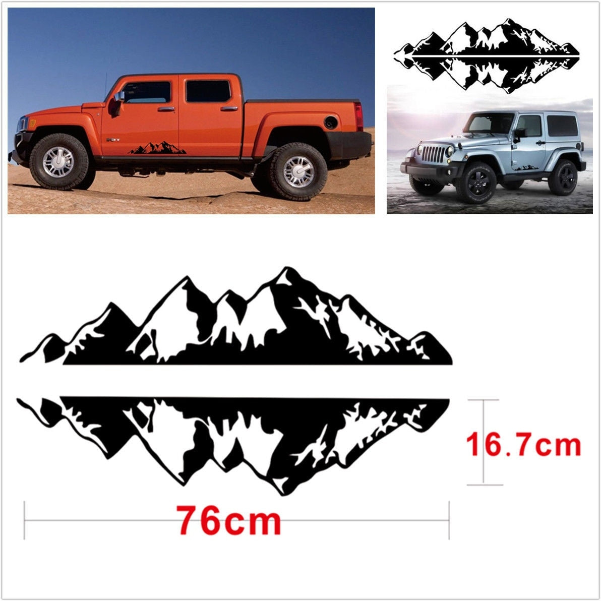 Fashion 2Pcs Black Car Mountain Range Graphic Vinyl Decals Waterproof Sticker 76x16.7cm