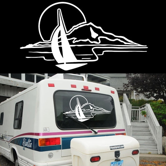 New Brand   Sunset Scenery lake mountain boat Graphics for rear or bonnet Camper Van Graphics Motor Home Truck Vinyl Kit Decals Car Stickers
