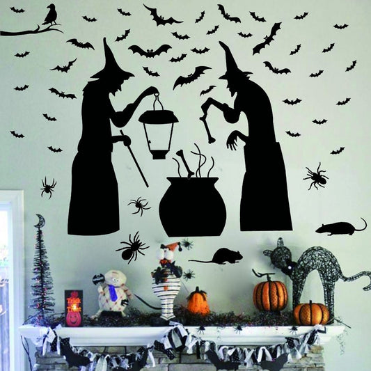 High-quality  Halloween Party Supplies Decorations Wall Decal Window Decor 2 Witches with Bats Spider Mouse & Crow