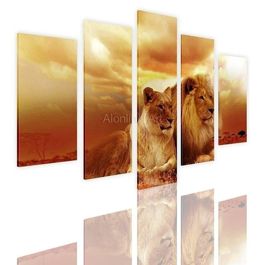 New Brand  No Frame est 5 Panels Safari Lions In Sunset  split Wall Art Poster Paintings Animal Pictures Prints Posters Giclee Paints Wall Decor Canvas Painting Wall Art Decor Modern Artwork for Living Room Bedroom Home Decoration