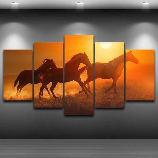 Hot Galloping 3 Horses Sunset 5 Panel Wall Art Canvas Print Poster Framed UNframed