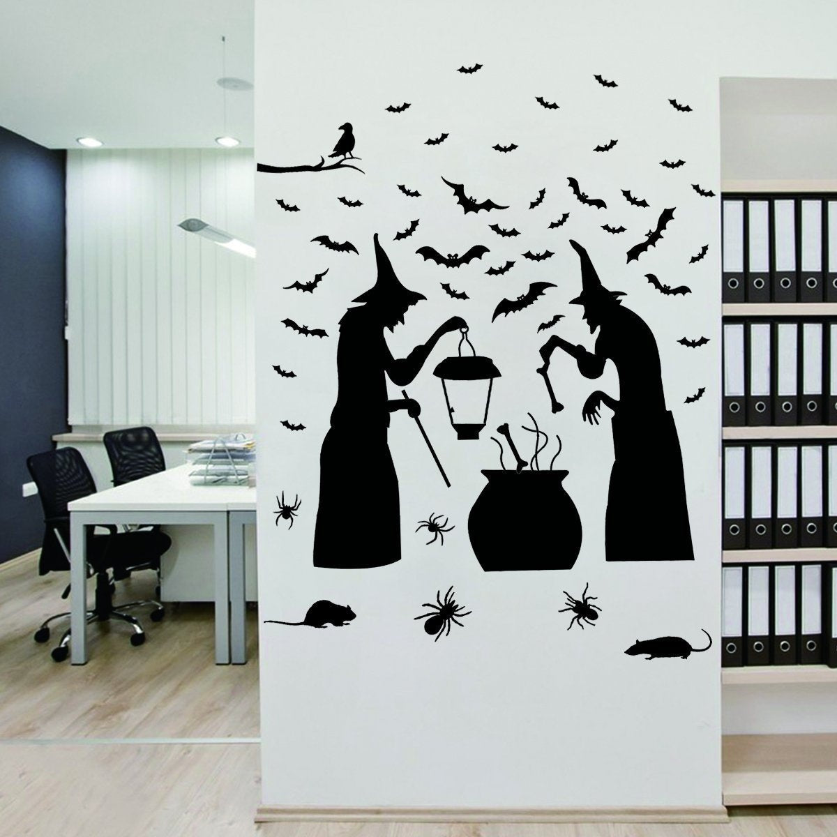 Hot   Halloween Party Supplies Decorations Wall Decal Window Decor 2 Witches with Bats Spider Mouse & Crow