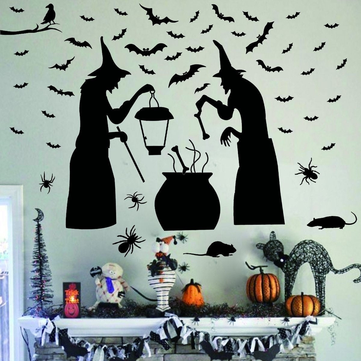 Hot   Halloween Party Supplies Decorations Wall Decal Window Decor 2 Witches with Bats Spider Mouse & Crow