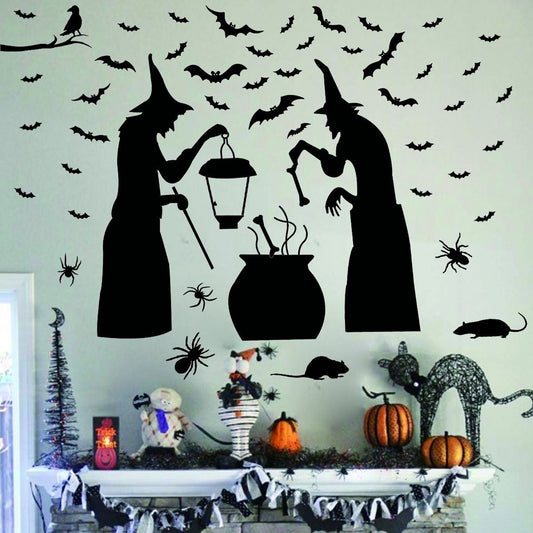 Hot   Halloween Party Supplies Decorations Wall Decal Window Decor 2 Witches with Bats Spider Mouse & Crow