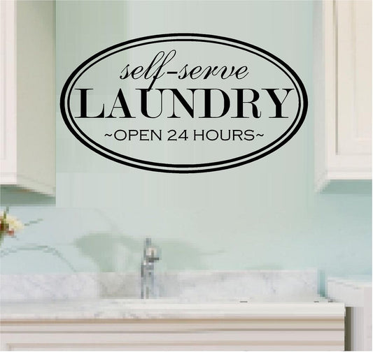 New Brand   WALL DECAL VINYL LETTERING SELF SERVE LAUNDRY OPEN 24 HOURS LAUNDRY ROOM