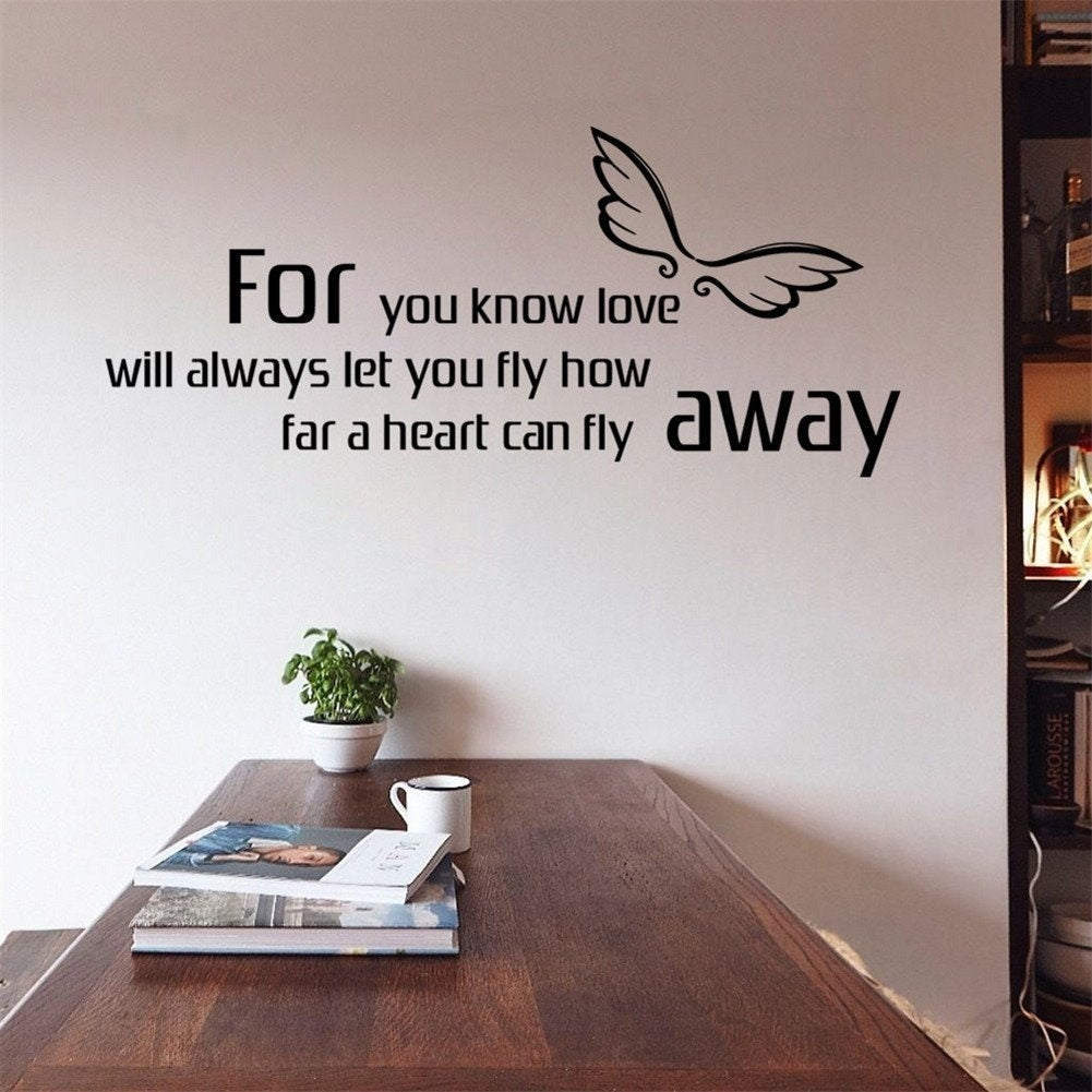 New Hot  For you know love will always let you fly how far a heart can fly away" Valentines Day Wall Decals Angel Wing Wall Art Sticker for Lovers Girlfriend Bedroom
