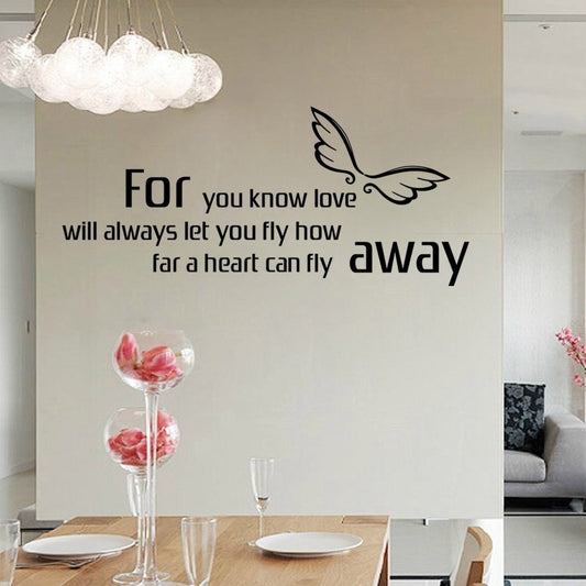 New Hot  For you know love will always let you fly how far a heart can fly away" Valentines Day Wall Decals Angel Wing Wall Art Sticker for Lovers Girlfriend Bedroom