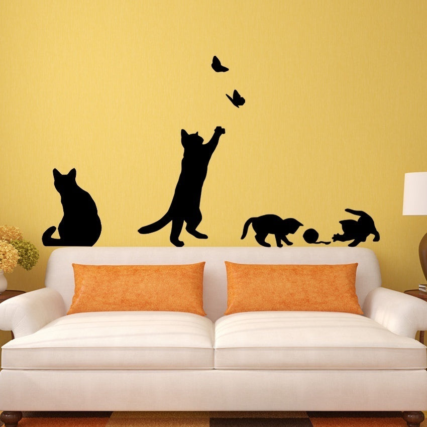 New Brand   1 Set/Pack Cat Play Butterflies Wall Sticker Removable Decoration Decals For Bedroom Kitchen Living Room Walls