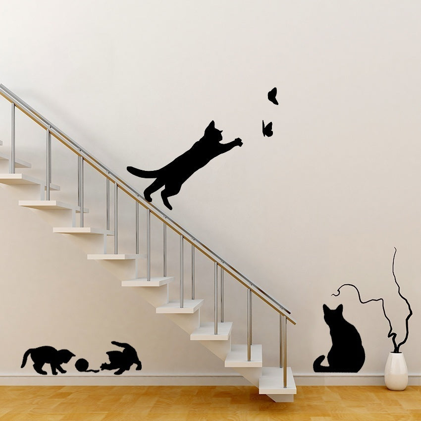 New Brand   1 Set/Pack Cat Play Butterflies Wall Sticker Removable Decoration Decals For Bedroom Kitchen Living Room Walls