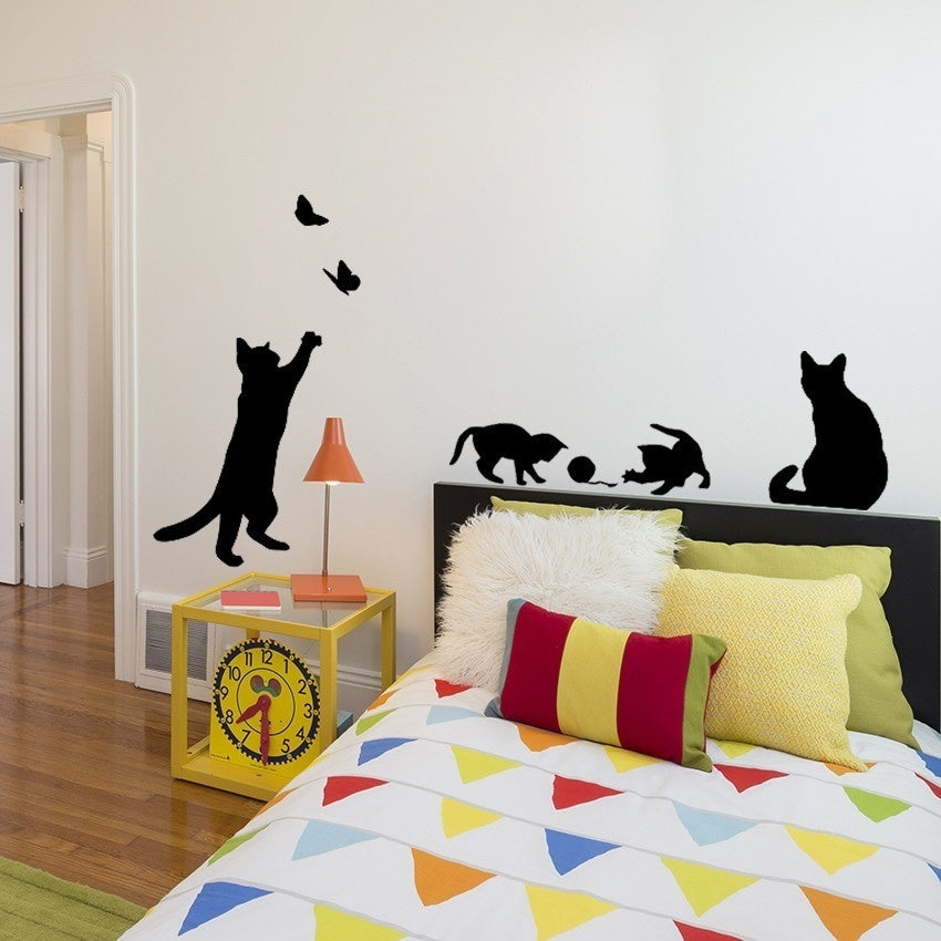 New Brand   1 Set/Pack Cat Play Butterflies Wall Sticker Removable Decoration Decals For Bedroom Kitchen Living Room Walls