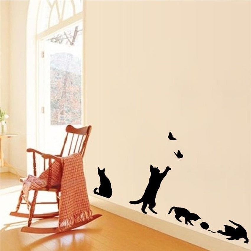 New Brand   1 Set/Pack Cat Play Butterflies Wall Sticker Removable Decoration Decals For Bedroom Kitchen Living Room Walls