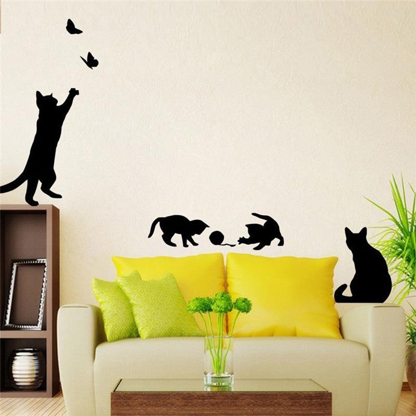 New Brand   1 Set/Pack Cat Play Butterflies Wall Sticker Removable Decoration Decals For Bedroom Kitchen Living Room Walls