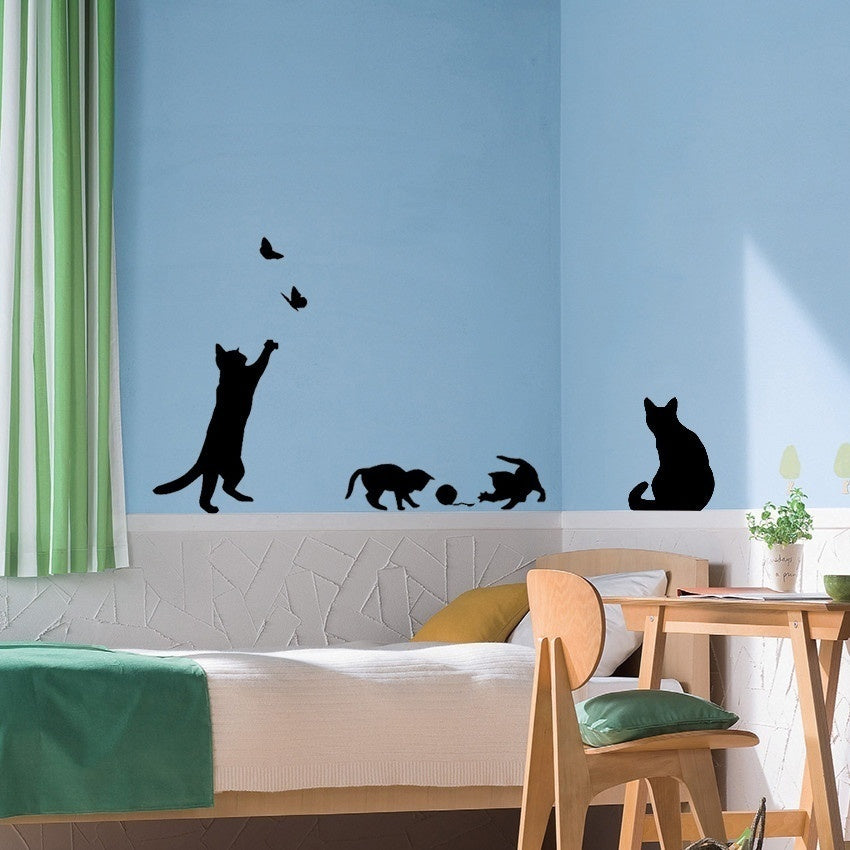 New Brand   1 Set/Pack Cat Play Butterflies Wall Sticker Removable Decoration Decals For Bedroom Kitchen Living Room Walls