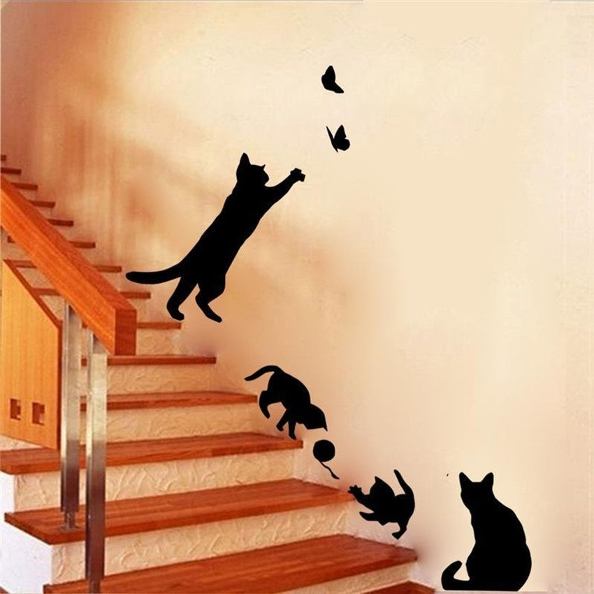 New Brand   1 Set/Pack Cat Play Butterflies Wall Sticker Removable Decoration Decals For Bedroom Kitchen Living Room Walls